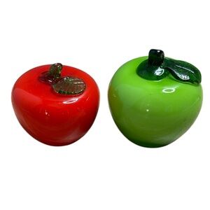 Vintage Murano Style 70s Blown Glass Apple Figurines/Paperweights Red and Green